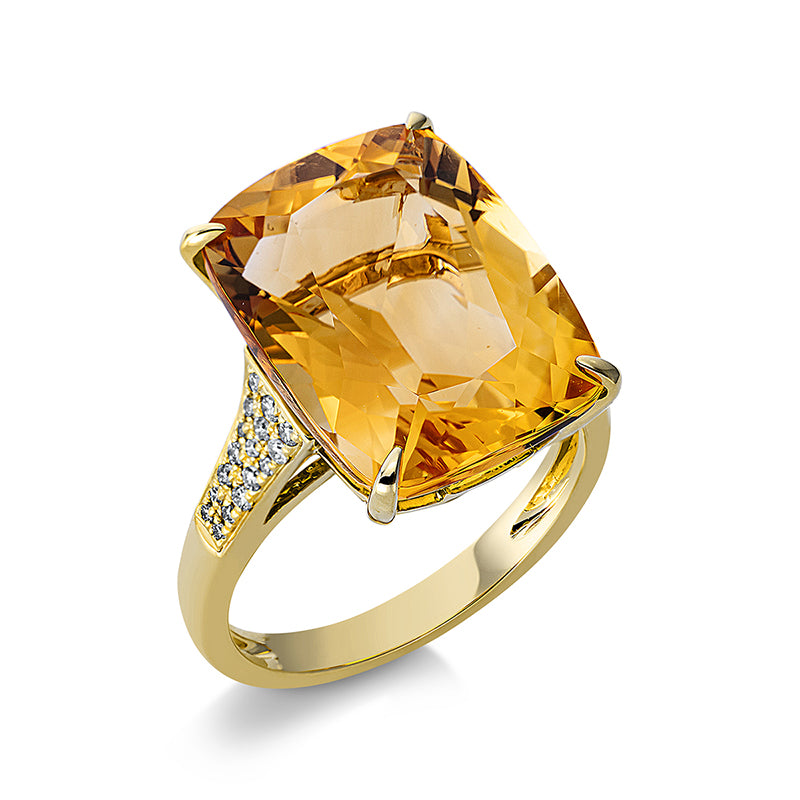 Ring 18 kt GG, 34 Brill. 0,19 ct, TW-si, 1 Citrin 10,40 ct gelb