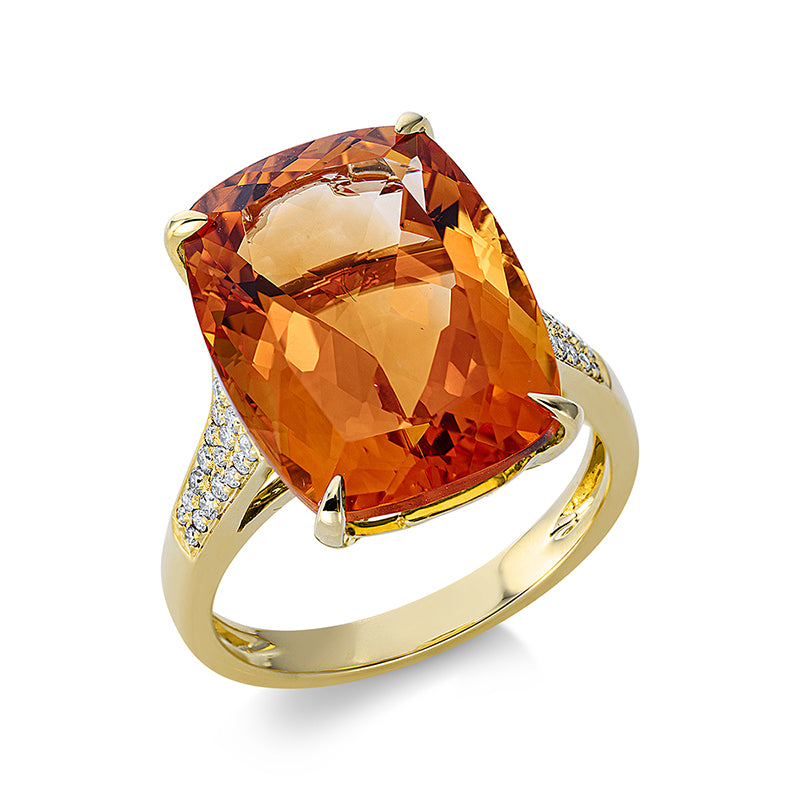 Ring 4er-Krappe 18 kt GG. 34 Brillanten 0.19 ct. TW-si. 1 Citrin 10.80 ct mandarin. H:12.1 mm. B:16.2 mm. Weite:54