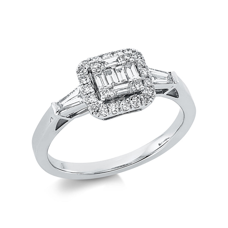 Ring 18 kt WG, 6 Bag. 0,15 ct, TW-si, 2 Trap. 0,20 ct, TW-si, 24 Brill. 0,18 ct, TW-si