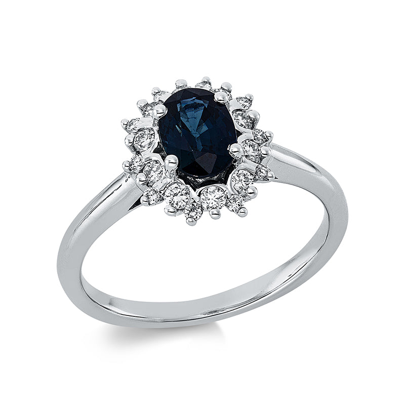 Ring 18 kt WG, 20 Brill. 0,27 ct, TW-si, 1 Saphir 0,94 ct blau