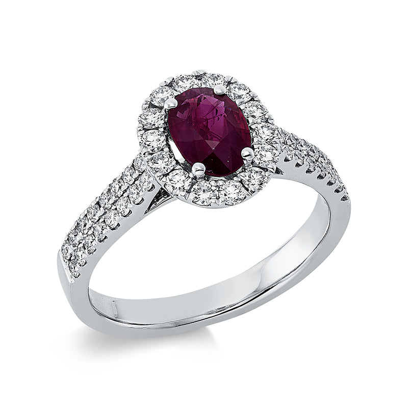 Ring 18 kt WG, 46 Brill. 0,63 ct, TW-si, 1 Rubin 0,81 ct rot
