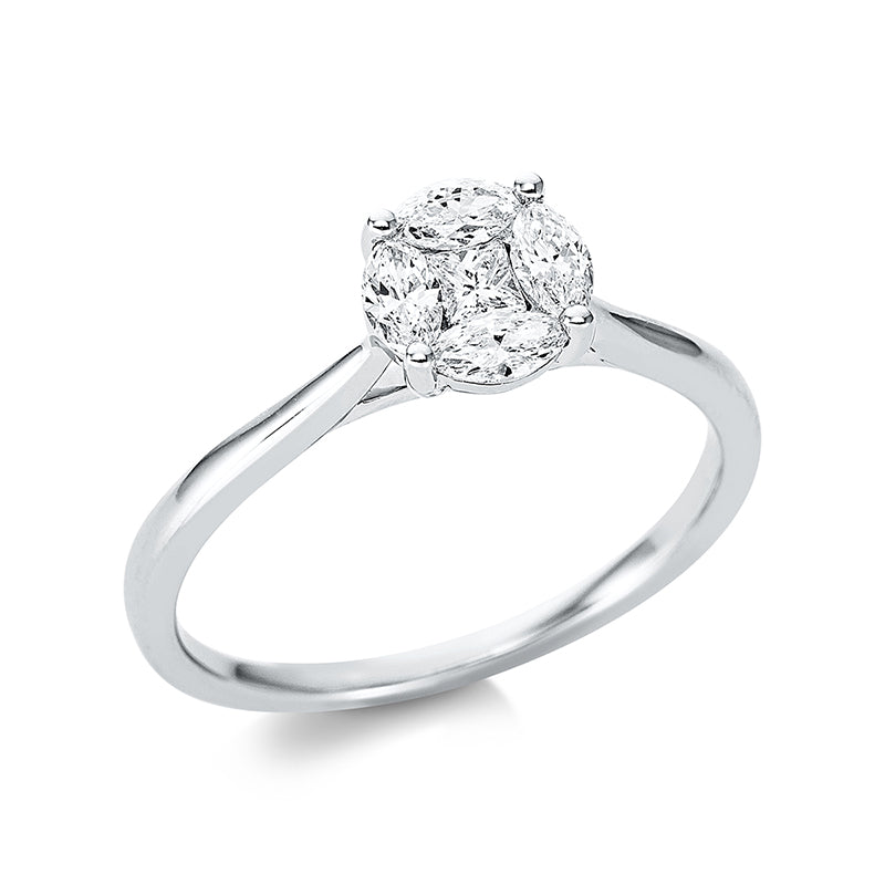 Ring 18 kt WG. 1 Princ. 0.08 ct. TW-vsi/si. 4 Navette 0.37 ct. TW-vsi/si. Weite:54