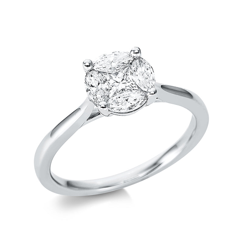 Ring 18 kt WG. 1 Princ. 0.22 ct. TW-vsi/si. 4 Navette 0.45 ct. TW-vsi/si. Weite:54