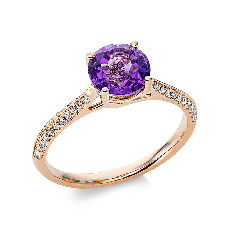 Ring 18 kt RG, 44 Brill. 0,15 ct, TW-si, 1 Amethyst 1,26 ct lila