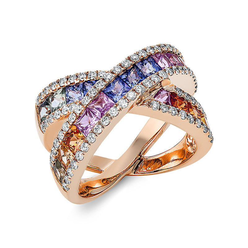 Ring 18 kt RG. 83 Brillanten 0.79 ct. TW-vsi. 21 Saphire 4.21 ct fancy. H:14.1 mm. Weite:54