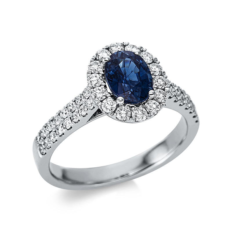 Ring 18 kt WG, 46 Brill. 0,63 ct, TW-si, 1 Saphir 1,03 ct blau