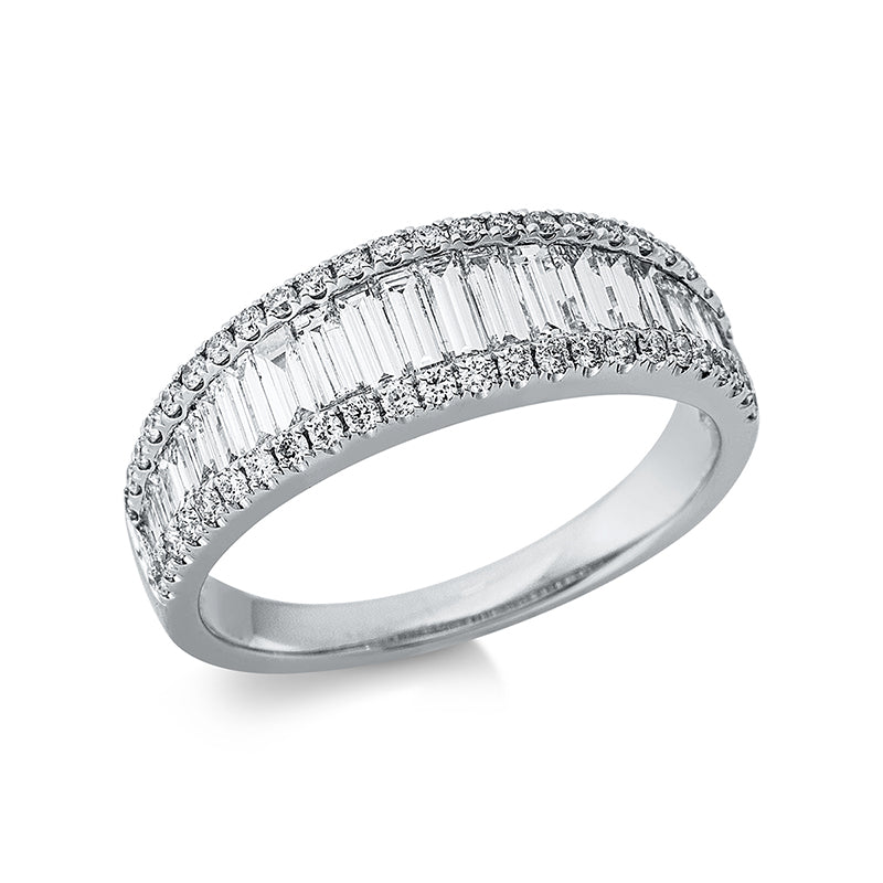 Ring 18 kt WG, 18 Bag. 0,62 ct, TW-vsi, 4 Bag. 0,22 ct, TW-vsi, 48 Brill. 0,29 ct, TW-si