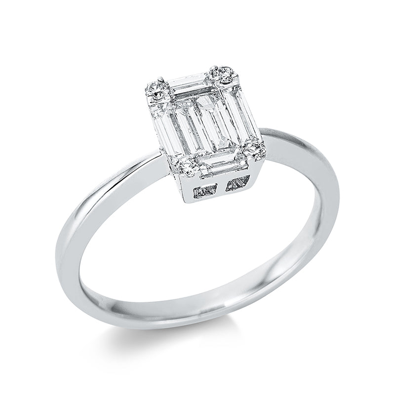 Ring 18 kt WG, 2 Bag. 0,12 ct, TW-vsi, 4 Bag. 0,32 ct, TW-vsi, 4 Brill. 0,05 ct, TW-si