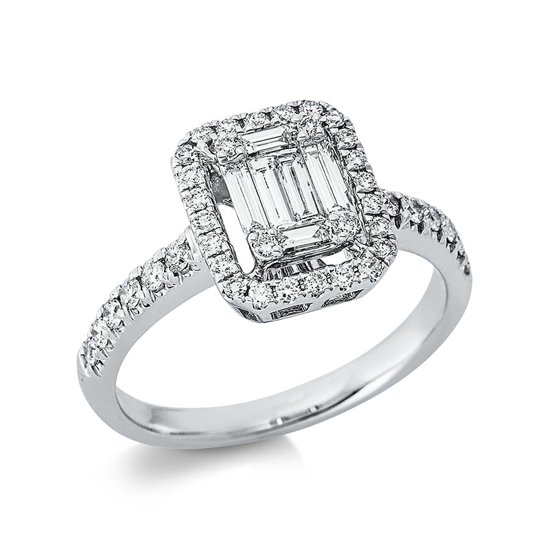 Ring 18 kt WG, 4 Bag. 0,19 ct, TW-vsi, 2 Bag. 0,05 ct, TW-vsi, 40 Brill. 0,35 ct, TW-si