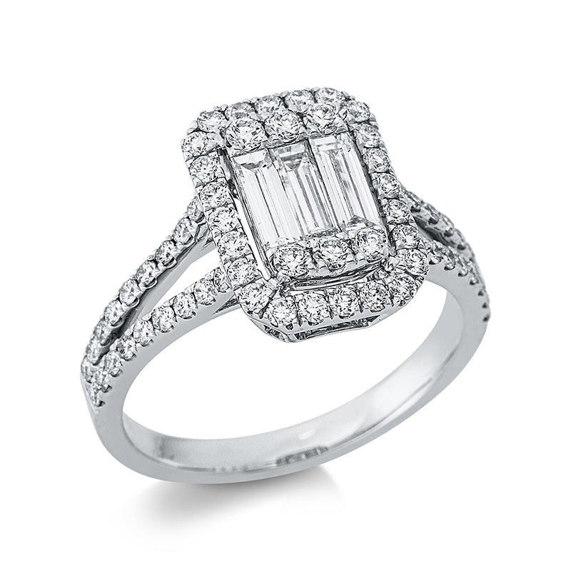 Ring 18 kt WG, 6 Brill. 0,13 ct, TW-si, 3 Bag. 0,55 ct, TW-vsi, 60 Brill. 0,55 ct, TW-si