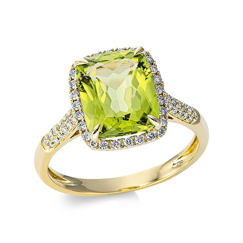 Ring 18 kt GG, 66 Brill. 0,27 ct, TW-si, 1 Peridot 3,30 ct grün