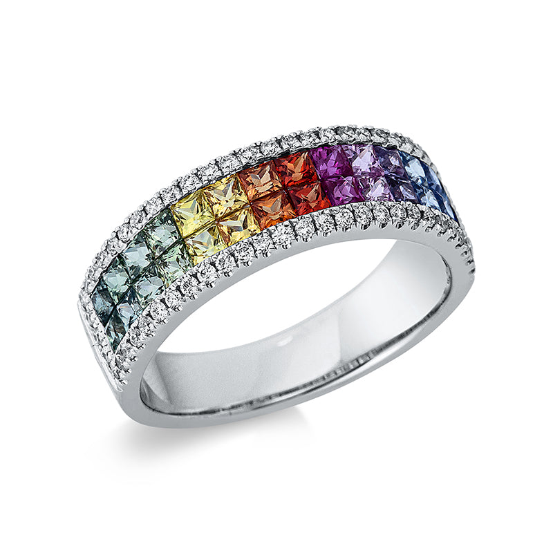 Ring 18 kt WG. 60 Brillanten 0.23 ct. TW-si. 28 Saphire 1.48 ct multicolor. B:6.0 mm. Weite:51