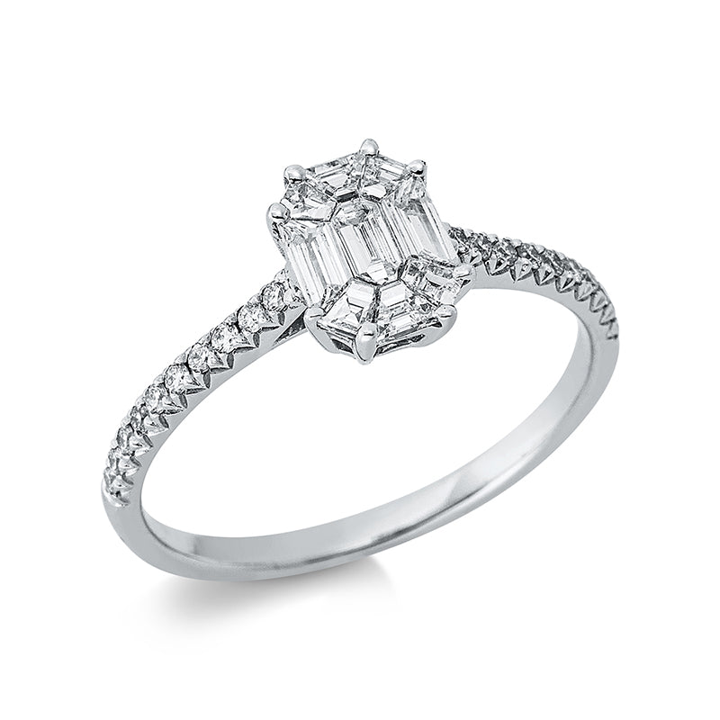 Ring 18 kt WG, 9 Trap. 0,42 ct, TW-si, 20 Brill. 0,13 ct, TW-si