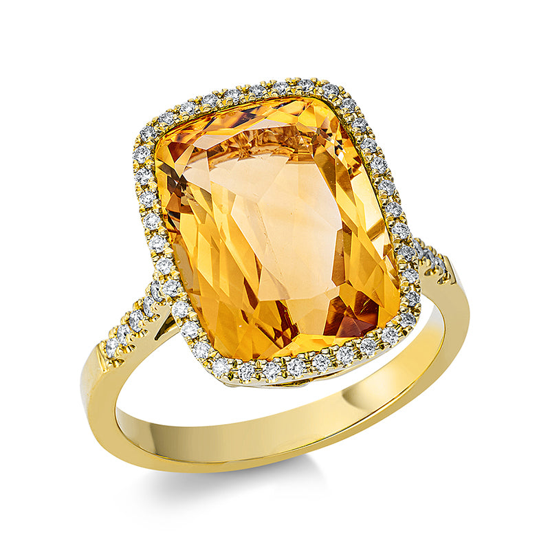 Ring 18 kt GG, 50 Brill. 0,20 ct, TW-si, 1 Citrin 6,60 ct gelb