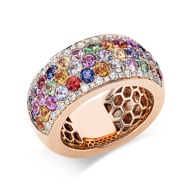 Ring 18 kt RG, 46 Brill. 0,32 ct, TW-vsi, 37 Saphire 3,07 ct multicolor