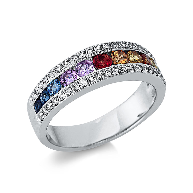 Ring 18 kt WG, 46 Brill. 0,34 ct, W-si, 12 Saphire 0,99 ct multicolor
