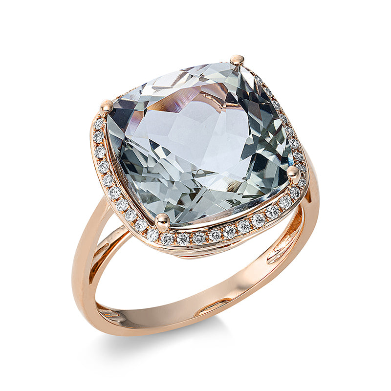 Ring 4er-Krappe 18 kt RG. 40 Brillanten 0.17 ct. TW-si. 1 Amethyst 7.80 ct grün. H:14.7 mm. B:14.5 mm. Weite:54