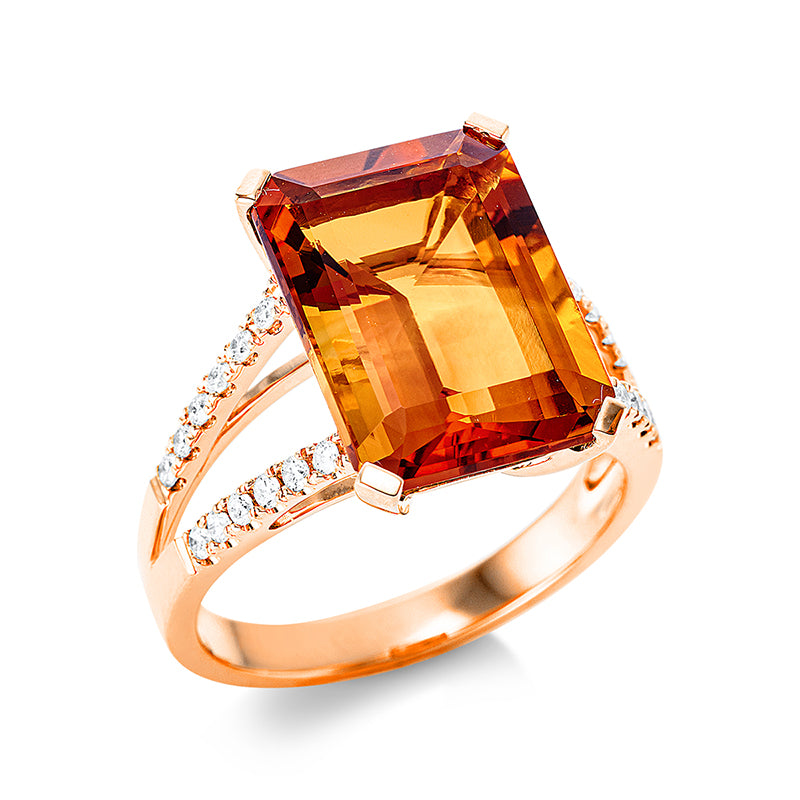 Ring 4er-Krappe 18 kt GG. 24 Brillanten 0.25 ct. TW-si. 1 Citrin 6.50 ct mandarin. H:10.5 mm. B:14.6 mm. Weite:54
