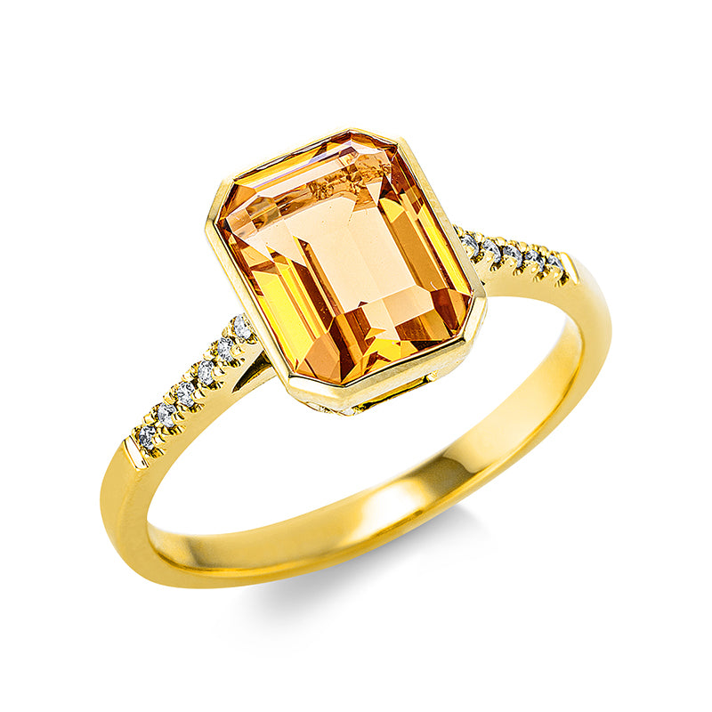 Ring 18 kt GG. 12 Brillanten 0.05 ct. TW-si. 1 Citrin 2.20 ct gelb. H:7.7 mm. B:9.6 mm. Weite:54