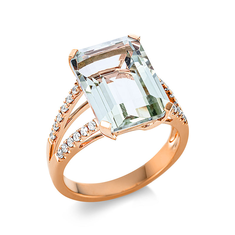 Ring 4er-Krappe 18 kt RG. 24 Brillanten 0.25 ct. TW-si. 1 Amethyst 7.30 ct grün. H:10.5 mm. B:14.5 mm. Weite:54