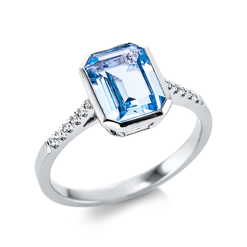 Ring 18 kt WG. 12 Brillanten 0.05 ct. TW-si. 1 Topas 2.30 ct sky blue. H:7.9 mm. B:9.9 mm. Weite:54
