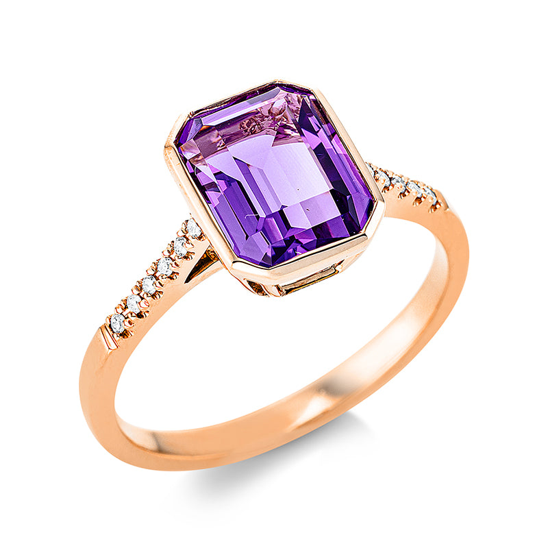 Ring 18 kt RG. 12 Brillanten 0.05 ct. TW-si. 1 Amethyst 2.10 ct lila. H:7.9 mm. B:9.8 mm. Weite:54