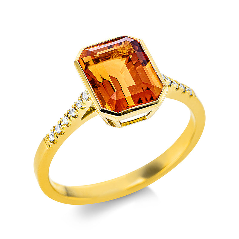 Ring 18 kt GG. 12 Brillanten 0.05 ct. TW-si. 1 Citrin 2.30 ct mandarin. H:7.8 mm. B:9.8 mm. Weite:54