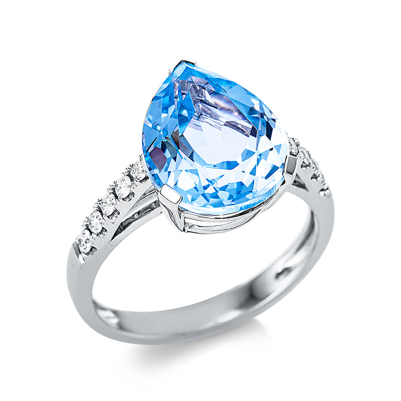 Ring 3er-Krappe 18 kt WG. 10 Brillanten 0.22 ct. TW-si. 1 Topas 5.90 ct sky blue. H:10.0 mm. B:12.5 mm. Weite:54