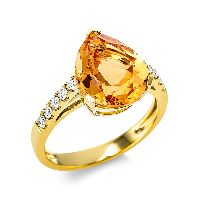 Ring 3er-Krappe 18 kt GG. 10 Brillanten 0.22 ct. TW-si. 1 Citrin 4.00 ct gelb. H:10.0 mm. B:12.5 mm. Weite:54