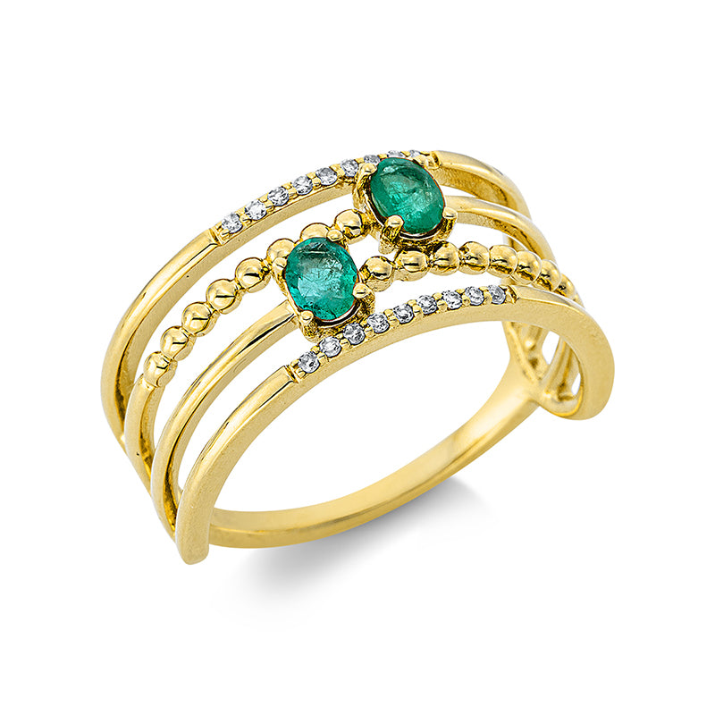 Ring 18 kt GG. 18 Diamanten 0.06 ct. W-si. 2 Smaragde 0.27 ct grün. B:8.8 mm. Weite:54