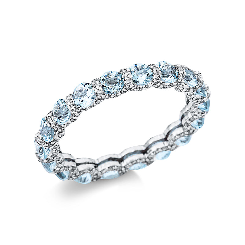 Ring 18 kt WG. 198 Diamanten 0.55 ct. W-si. 18 Aquamarin 2.00 ct blau. B:3.0 mm. Weite:53