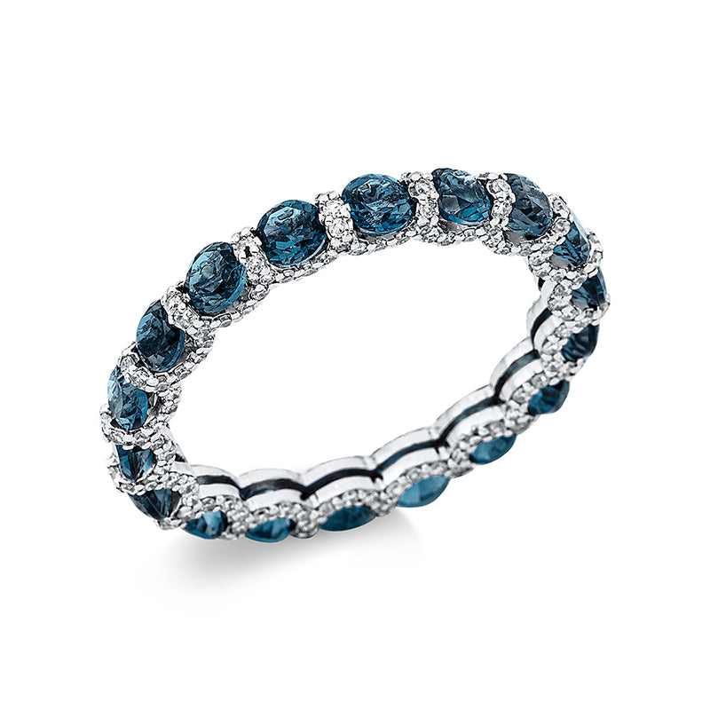 Ring 18 kt WG. 198 Diamanten 0.58 ct. W-si. 18 Topase 2.41 ct Lond. blue. B:2.9 mm. Weite:53