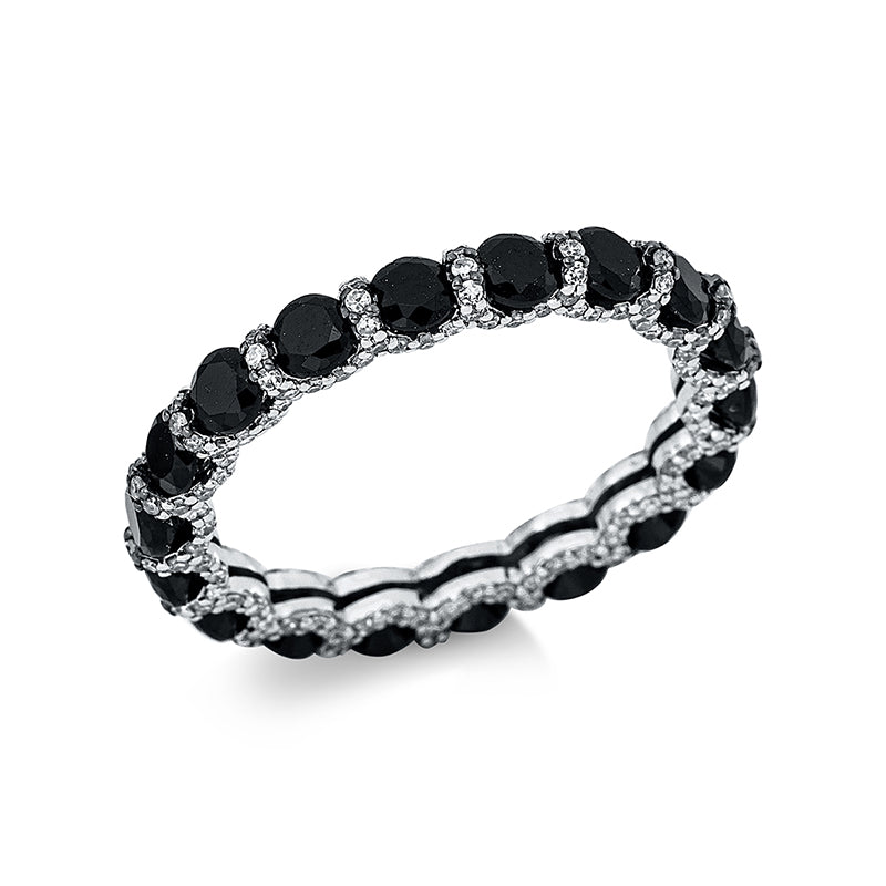 Ring 18 kt WG. teils schwarz rhodiniert. 198 Diamanten 0.56 ct. W-si. 18 Spinel 2.48 ct schwarz. B:2.9 mm. Weite:53