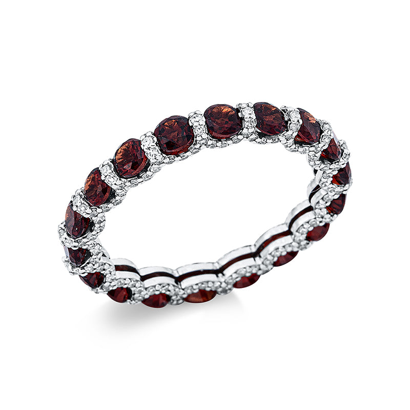 Ring 18 kt WG. 198 Diamanten 0.58 ct-si. 18 Granat 2.43 ct rot. B:2.9 mm. Weite:53