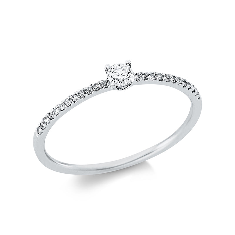 Ring 4er-Krappe 18 kt WG. 1 Brill. 0.11 ct. TW-pi. 24 Diamanten 0.08 ct. W-si. H:3.0 mm. B:3.0 mm. Weite:54