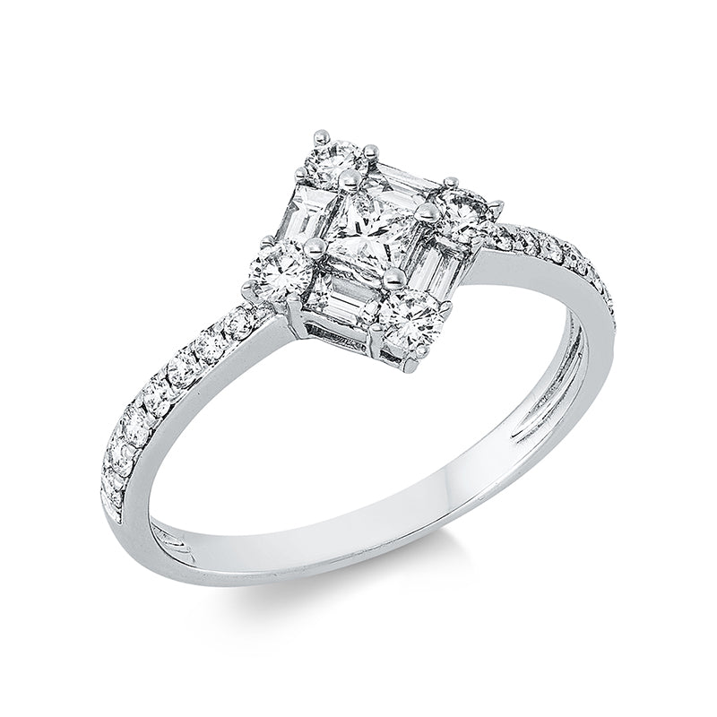 Ring 18 kt WG. 4 Baguette 0.14 ct. TW-si. 1 Princ. 0.14 ct. TW-vsi/si. 18 Brillanten 0.34 ct. TW-pi. H:10.0 mm. B:9.8 mm. Weite:53