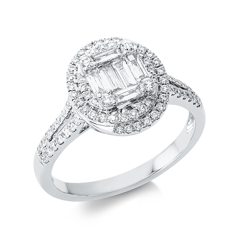 Ring 18 kt WG. 4 Brillanten 0.06 ct. TW-pi. 6 Baguette 0.23 ct. TW-si. 74 Brillanten 0.33 ct. TW-pi. H:10.5 mm. B:12.1 mm. Weite:53