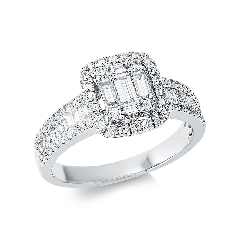 Ring 18 kt WG. 4 Brillanten 0.05 ct. TW-pi. 3 Baguette 0.22 ct. TW-si. 20 Baguette 0.21 ct. TW-si. 62 Brillanten 0.31 ct. TW-pi. H:9.0 mm. B:10.0 mm. Weite:53