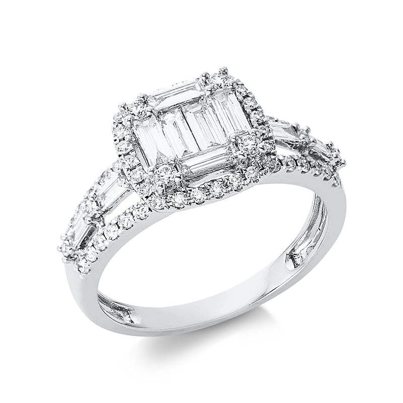 Ring 18 kt WG. 4 Brillanten 0.06 ct. TW-pi. 4 Baguette 0.09 ct. TW-si. 6 Baguette 0.34 ct. TW-si. 52 Brillanten 0.31 ct. TW-pi. H:10.5 mm. B:10.1 mm. Weite:53