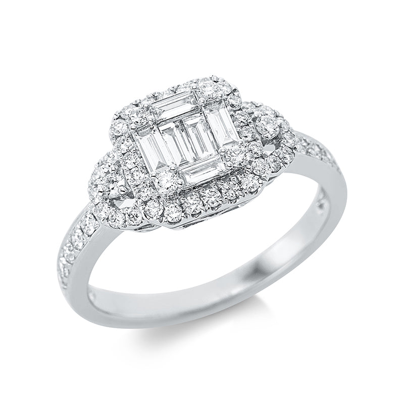 Ring 18 kt WG. 16 Brillanten 0.22 ct. TW-pi. 4 Baguette 0.17 ct. TW-si. 2 Baguette 0.16 ct. TW-si. 34 Brillanten 0.23 ct. TW-pi. Weite:53