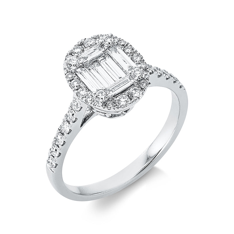 Ring 18 kt WG. 20 Brillanten 0.31 ct. TW-pi. 2 Baguette 0.07 ct. TW-si. 4 Baguette 0.23 ct. TW-si. 12 Brillanten 0.07 ct. TW-pi. H:9.0 mm. B:11.0 mm. Weite:53