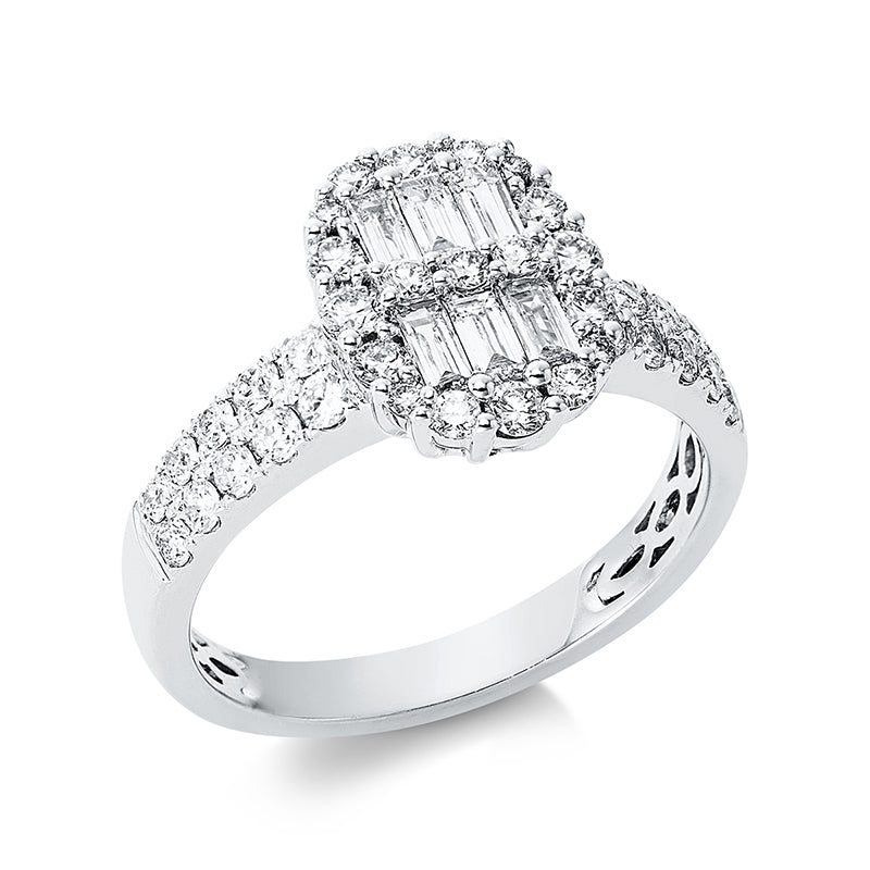 Ring 18 kt WG. 35 Brillanten 0.66 ct. TW-pi. 6 Baguette 0.29 ct. TW-si. 4 Brillanten 0.03 ct. TW-pi. H:8.8 mm. B:11.4 mm. Weite:53