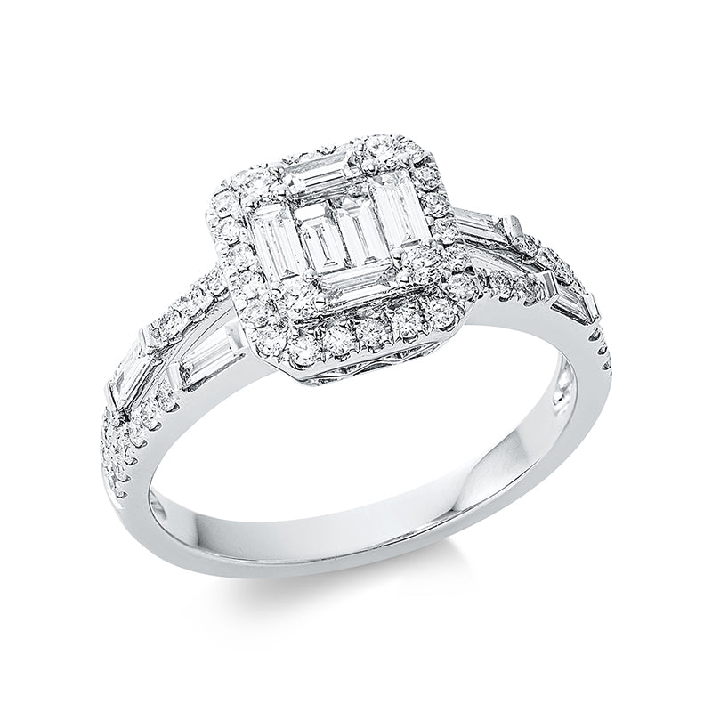 Ring 18 kt WG. 4 Brillanten 0.06 ct. TW-pi. 3 Baguette 0.06 ct. TW-si. 8 Baguette 0.35 ct. TW-si. 46 Brillanten 0.29 ct. TW-pi. H:8.9 mm. B:9.2 mm. Weite:53