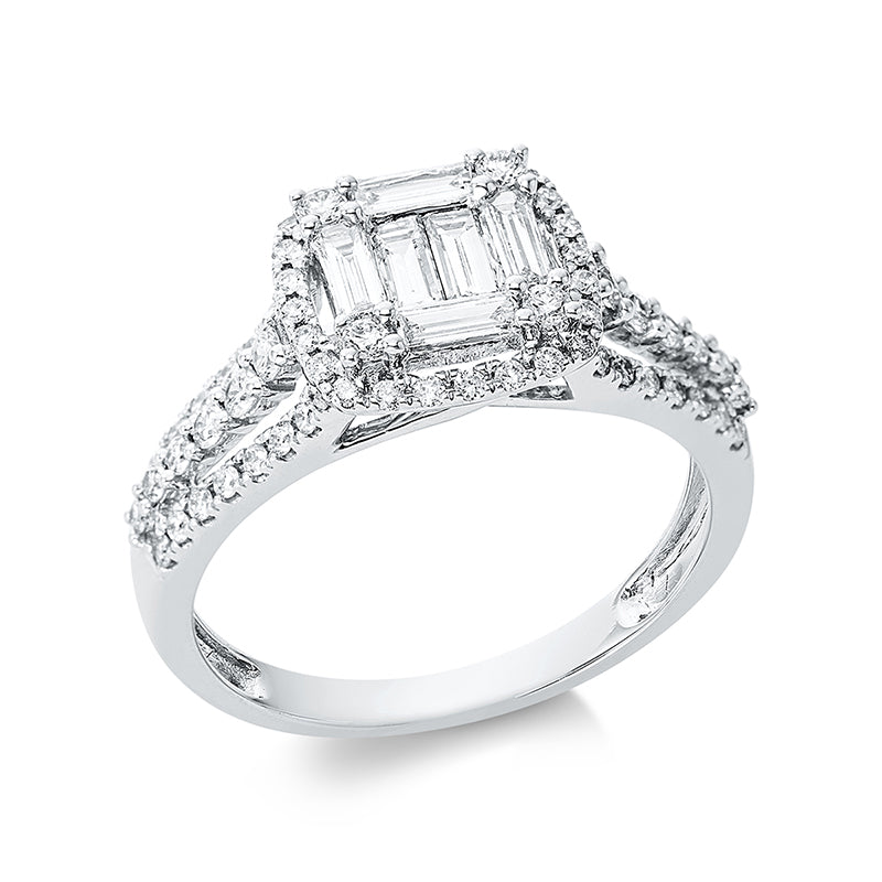 Ring 18 kt WG. 10 Brillanten 0.15 ct. TW-pi. 6 Baguette 0.36 ct. TW-si. 62 Brillanten 0.32 ct. TW-pi. H:9.8 mm. B:9.3 mm. Weite:53