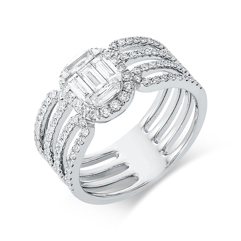 Ring 18 kt WG. 5 Baguette 0.35 ct. TW-si. 94 Brillanten 0.50 ct. TW-pi. H:7.9 mm. B:9.7 mm. Weite:53