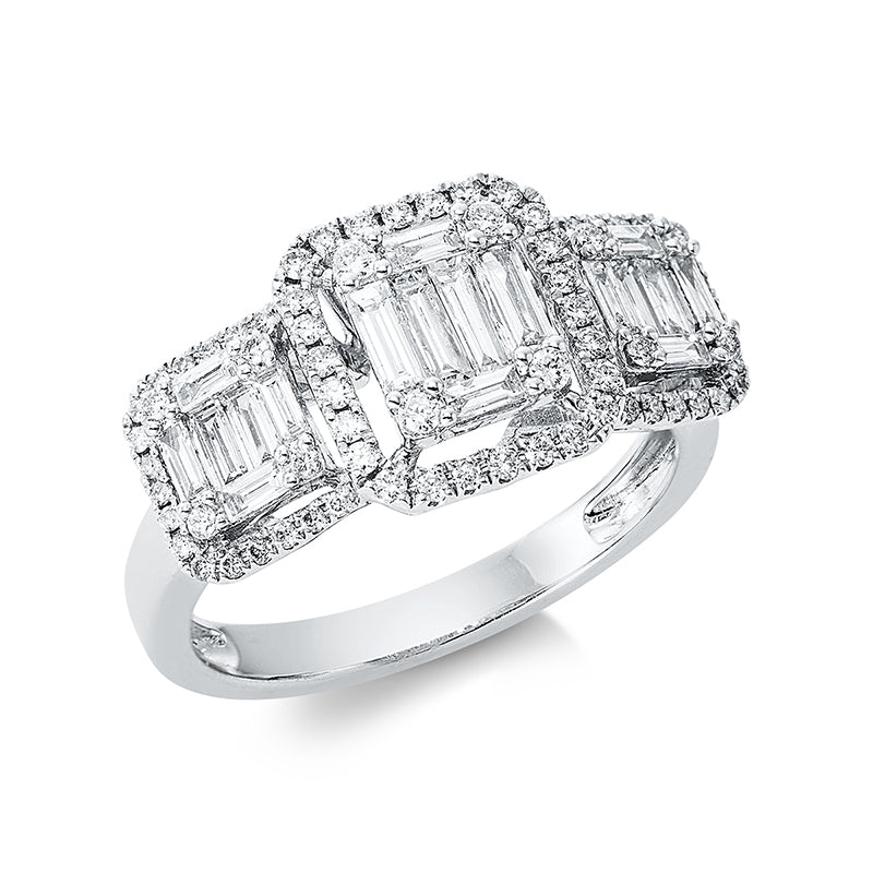 Ring 18 kt WG. 14 Baguette 0.36 ct. TW-si. 4 Baguette 0.23 ct. TW-si. 72 Brillanten 0.30 ct. TW-pi. H:19.8 mm. B:10.4 mm. Weite:54