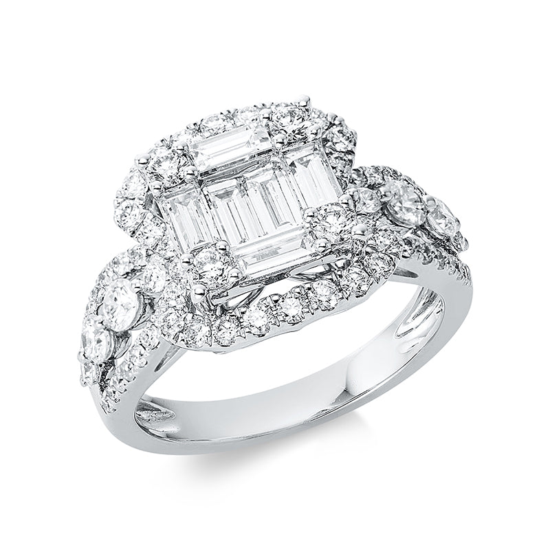 Ring 18 kt WG. 26 Brillanten 0.48 ct. TW-pi. 4 Brillanten 0.29 ct. TW-pi. 6 Baguette 0.76 ct. TW-si. 36 Brillanten 0.24 ct. TW-pi. H:13.4 mm. B:12.8 mm. Weite:53