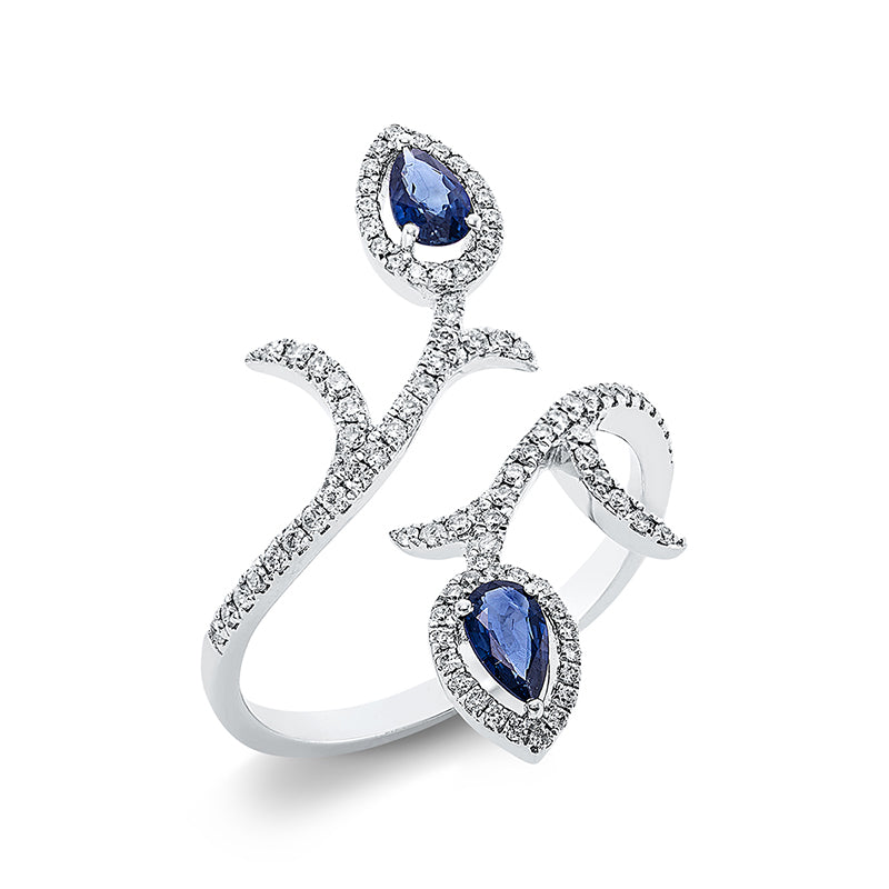 Ring 18 kt WG. 88 Brillanten 0.33 ct. TW-pi. 2 Saphire 0.44 ct blau. Weite:55