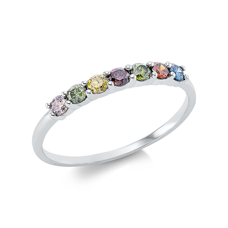 Ring 18 kt WG. 2 Brillanten 0.12 ct. fancy. 1 Brill. 0.07 ct. braun. 1 Brill. 0.07 ct. gelb. 1 Brill. 0.05 ct. blau. 2 Brillanten 0.12 ct. grün. H:16.7 mm. B:2.4 mm. Weite:56