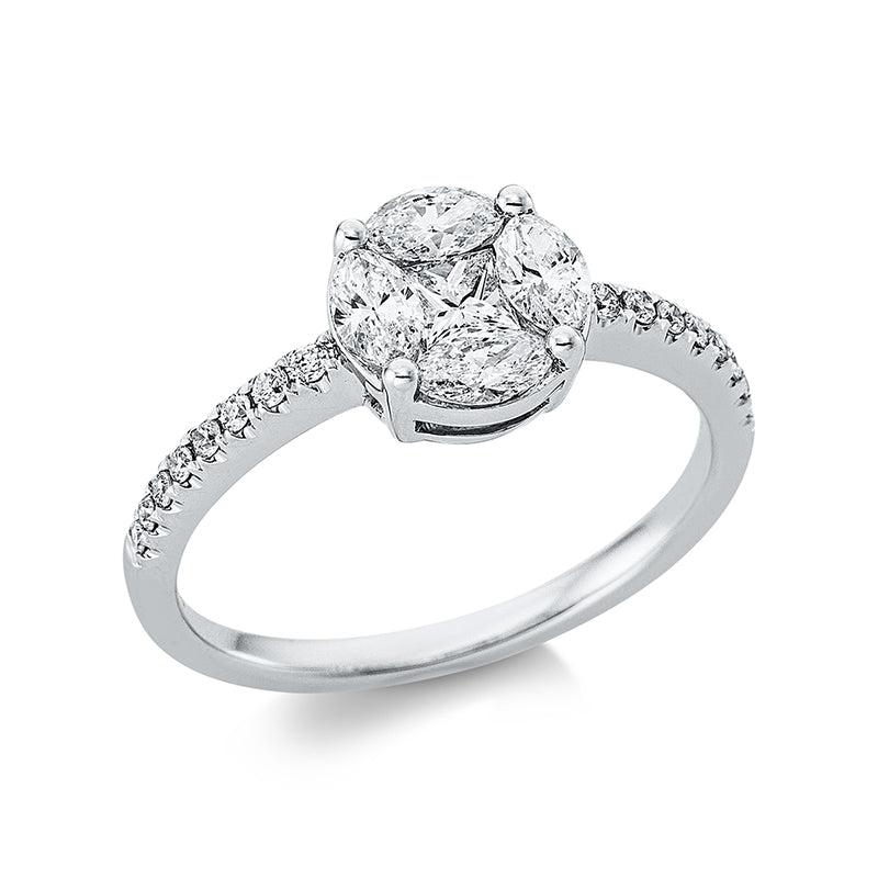 Ring 18 kt WG, 1 Princ. 0,17 ct, TW-si, 8 Brill. 0,05 ct, TW-si, 8 Brill. 0,08 ct, TW-si, 4 Nav. 0,54 ct, TW-si